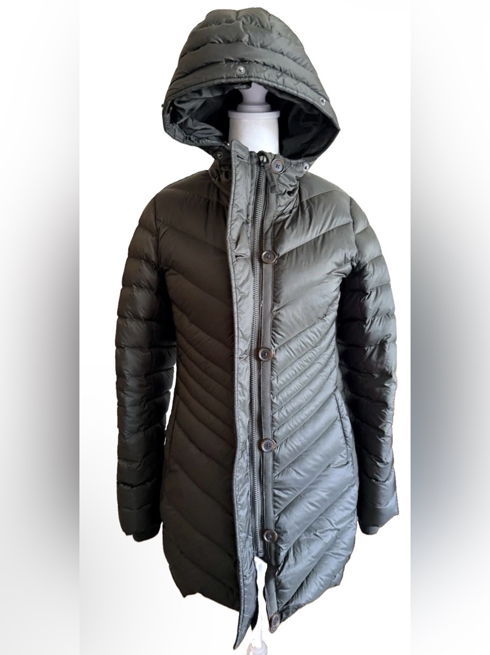 Abercrombie & Fitch Quilted Hooded Long Puffer down Coat - army green sz xs